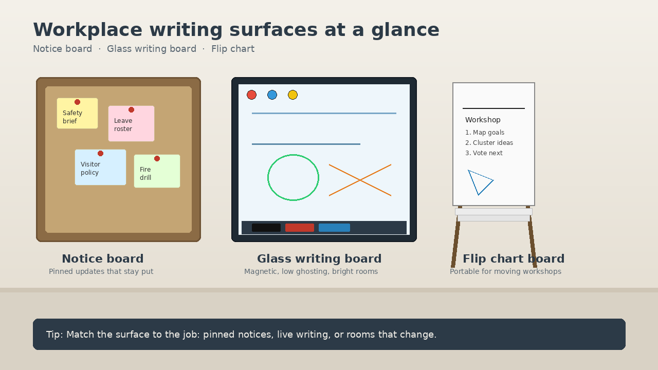 Educational illustration comparing a cork notice board, a magnetic glass writing board, and a portable flip chart for office use
